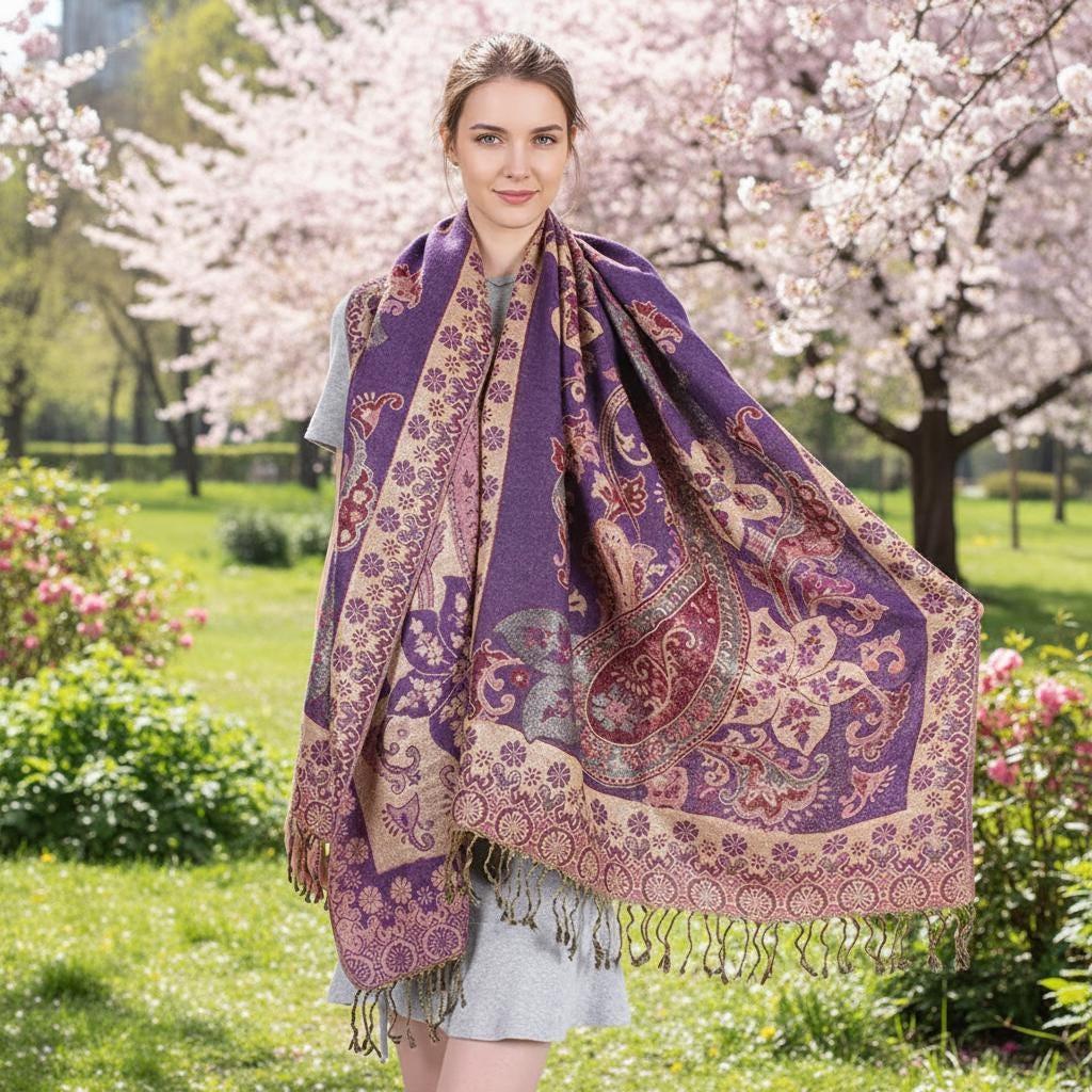 Reversible Soft Pashmina Shawl & Scarf for Women, Jacquard Brocade, Shawl, Sarong or Head Wraps