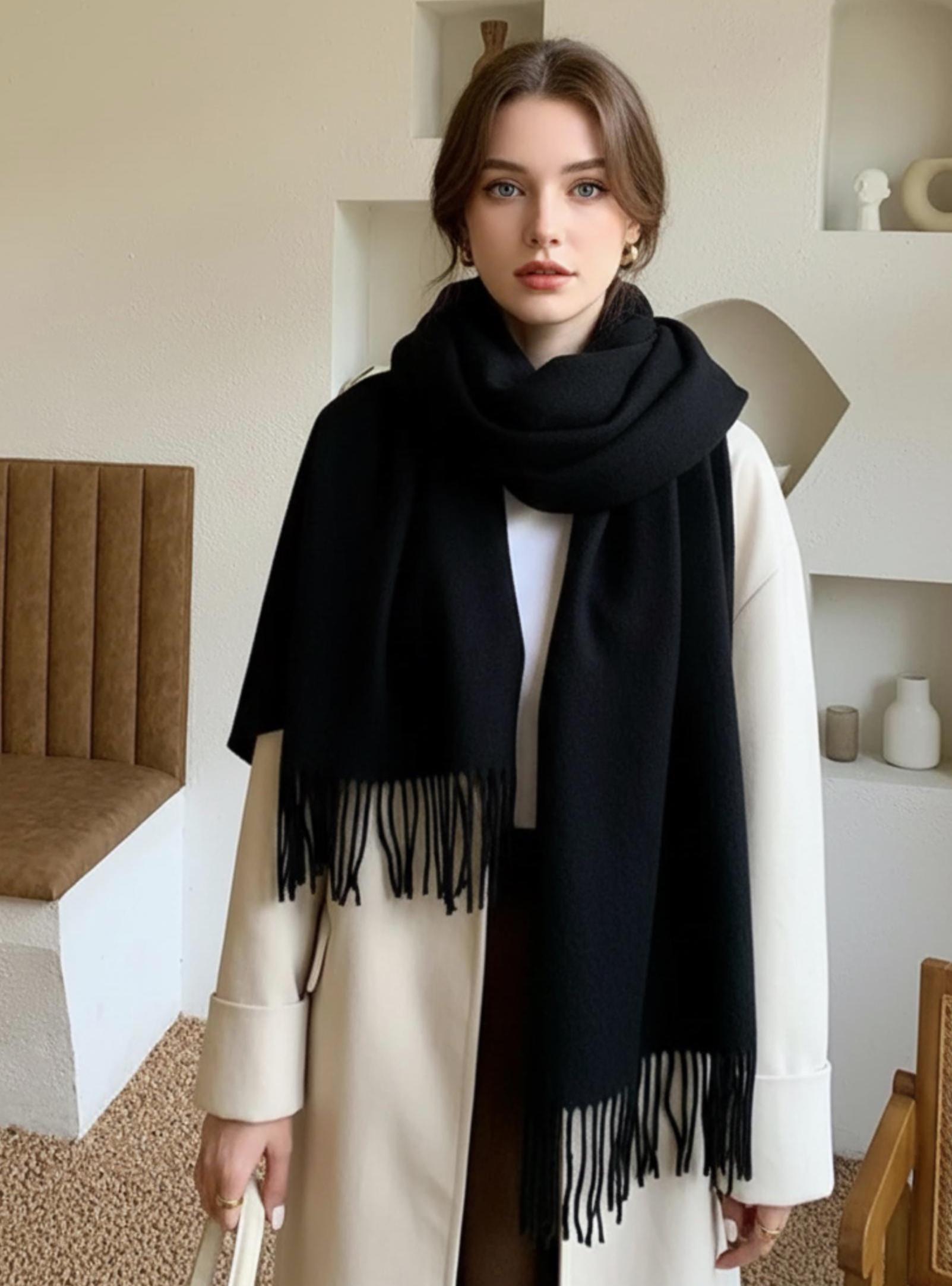 Black Blanket Shawl - Thick Cashmere Wool Blend - Super Soft Wrap