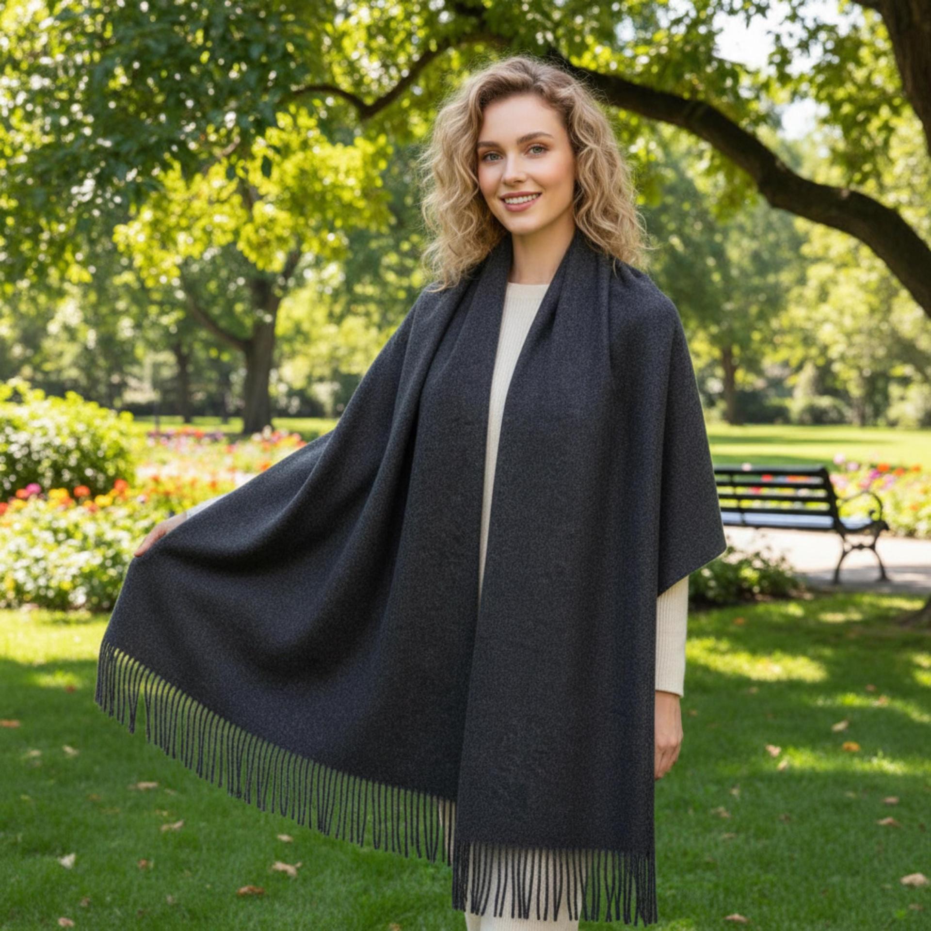 Dark Grey Blanket Shawl - Thick Cashmere Wool Blend - Super Soft Wrap