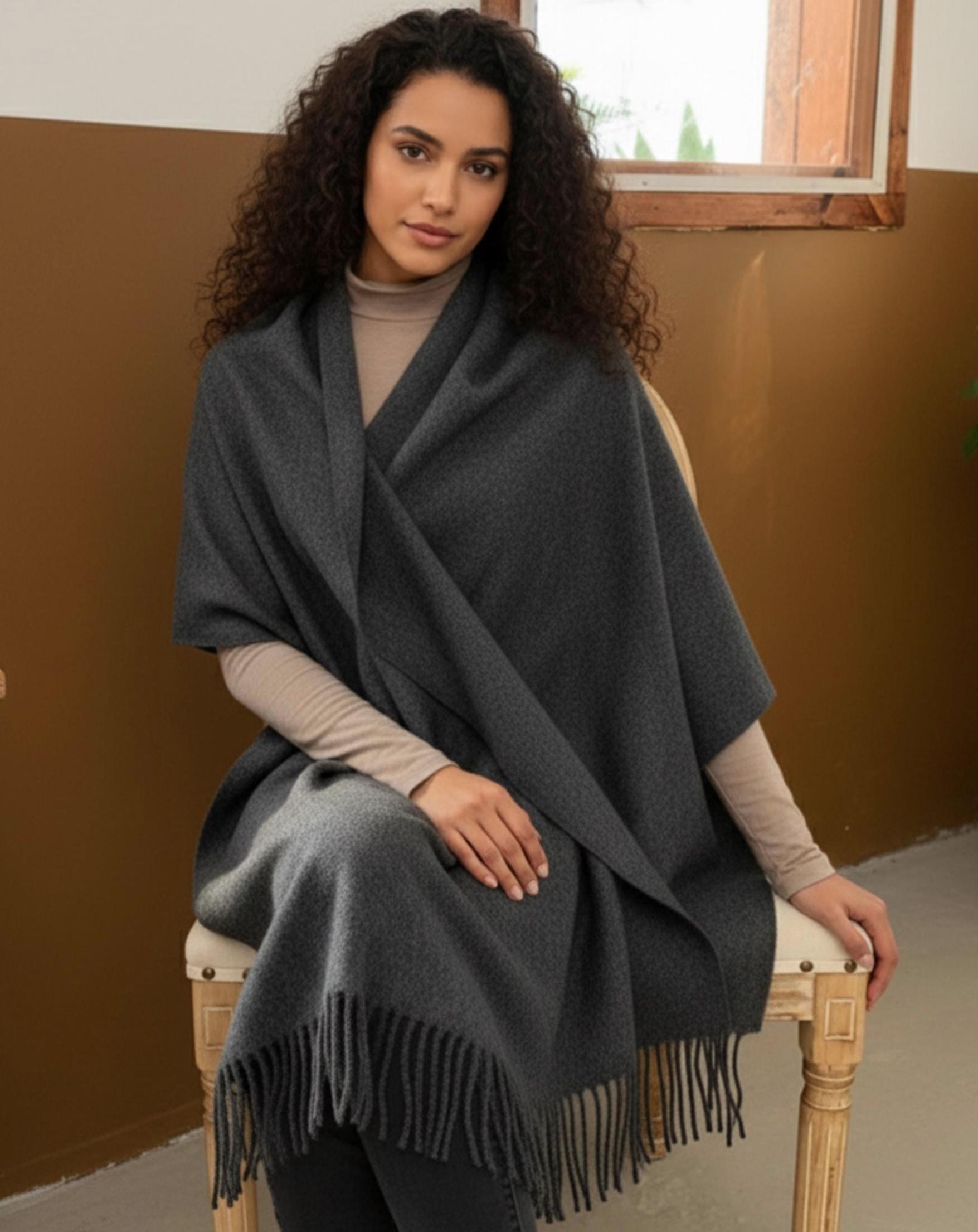 Dark Grey Blanket Shawl - Thick Cashmere Wool Blend - Super Soft Wrap