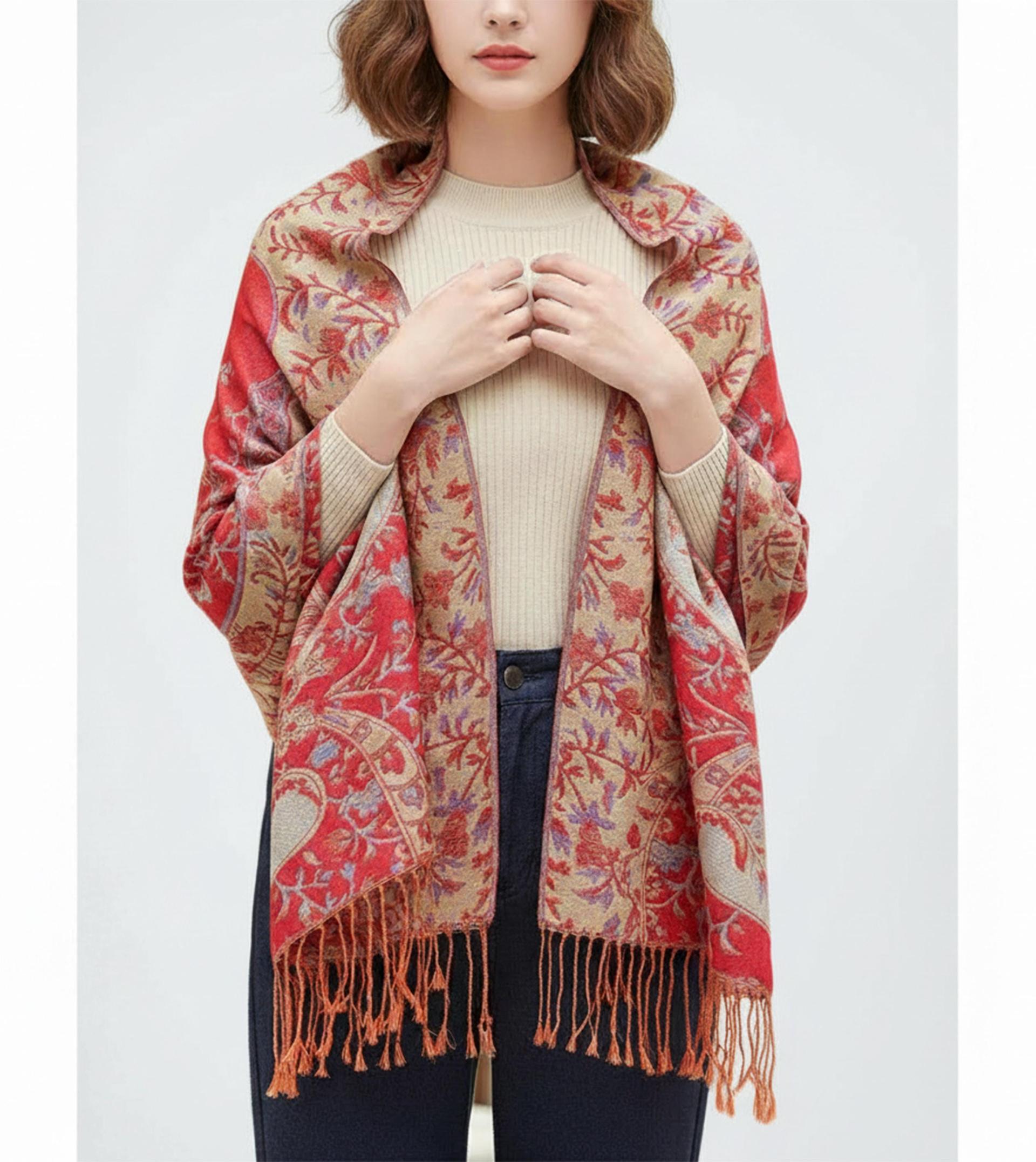 Red and Gold Pashmina Shawl & Scarf for Women, Jacquard Brocade, Stole or Wrap