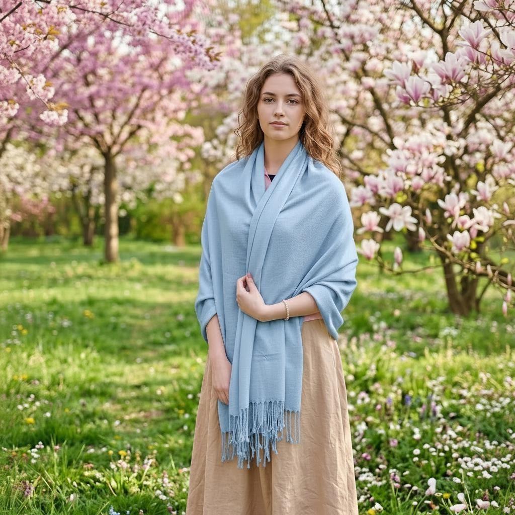Light Blue Blanket Shawl - Thick Cashmere Wool Blend - Super Soft Wrap
