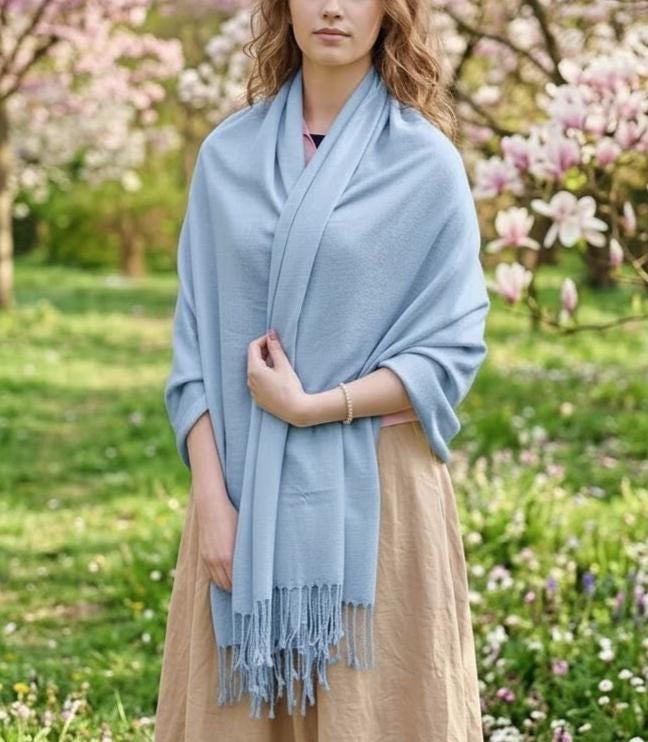 Light Blue Pashmina, Blanket Shawl - Lightweight Wide Scarf and Wrap