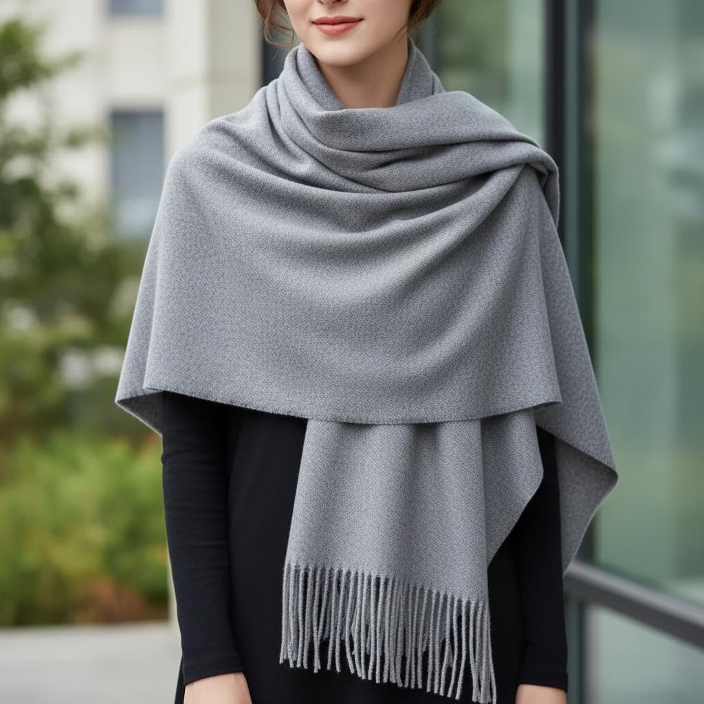 Grey Blanket Shawl - Thick Cashmere Wool Blend - Super Soft Wrap