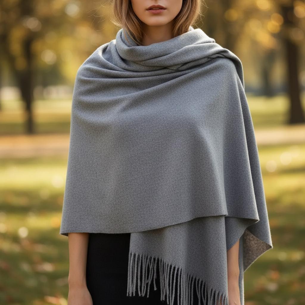 Grey Blanket Shawl - Thick Cashmere Wool Blend - Super Soft Wrap