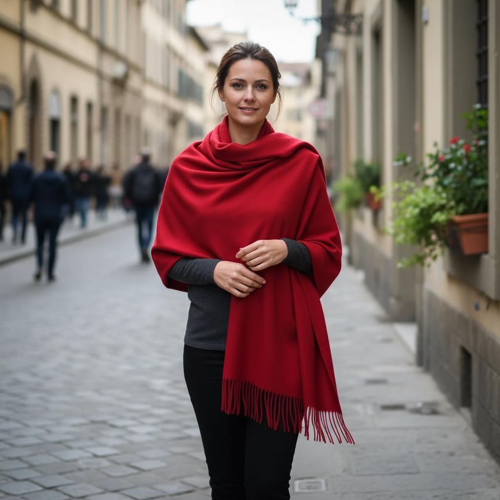 Red Blanket Shawl - Thick Cashmere Wool Blend - Super Soft Wrap