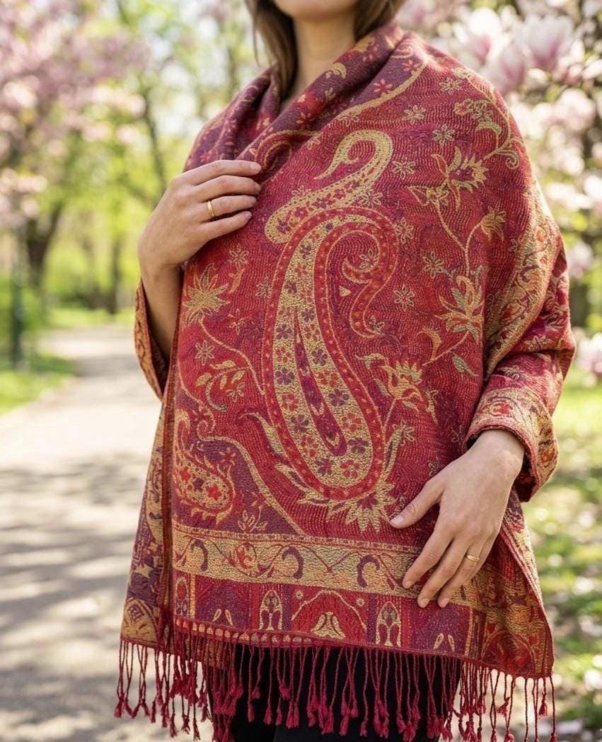 Reversible Soft Pashmina Shawl & Scarf for Women, Jacquard Brocade, Shawl, Sarong or Head Wraps