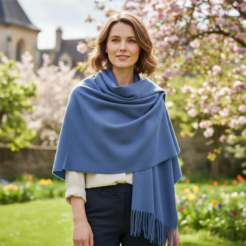 Denim Blue Blanket Shawl - Thick Cashmere Wool Blend - Super Soft Wrap