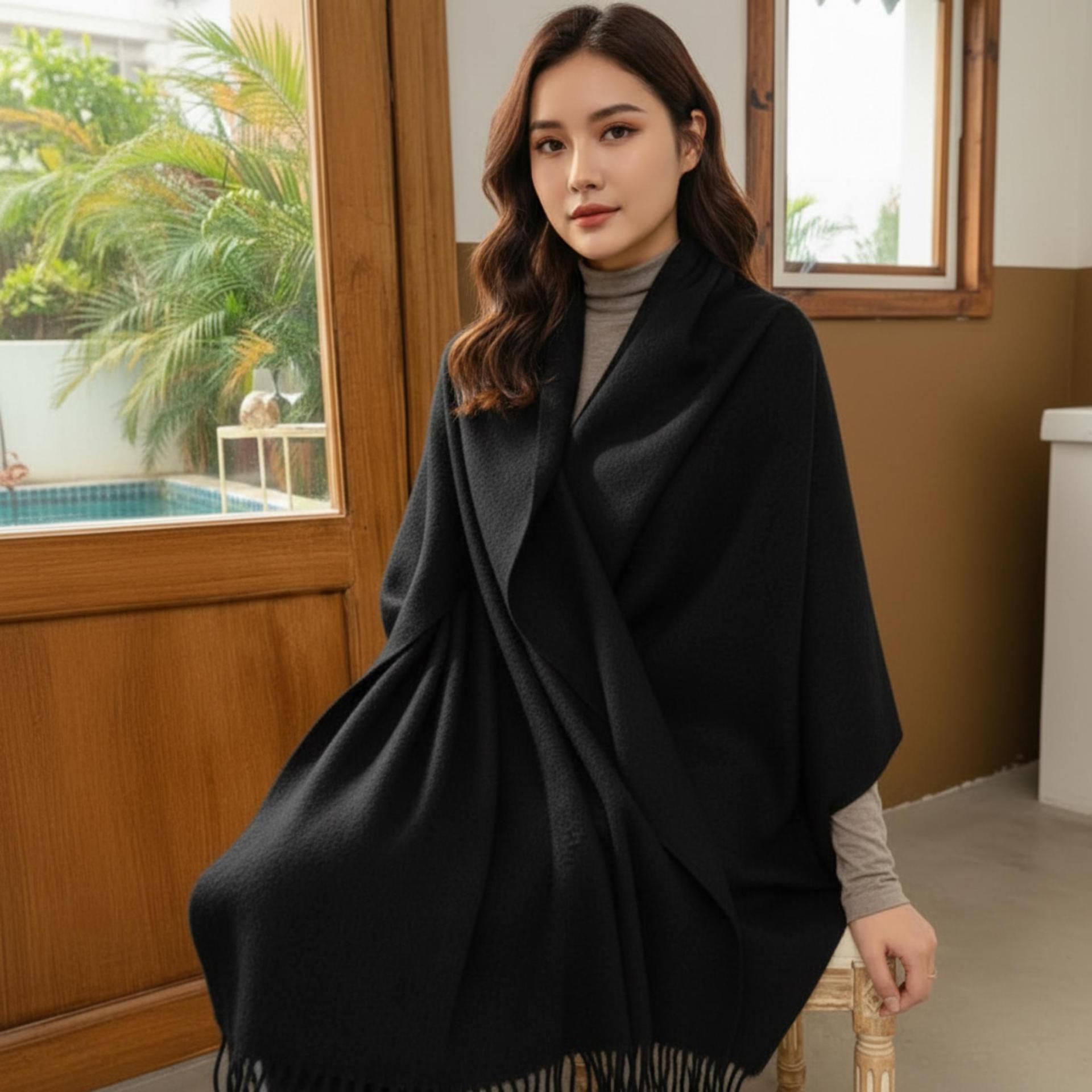 Black Blanket Shawl - Thick Wide Scarf - Pashmina Super Soft Wrap