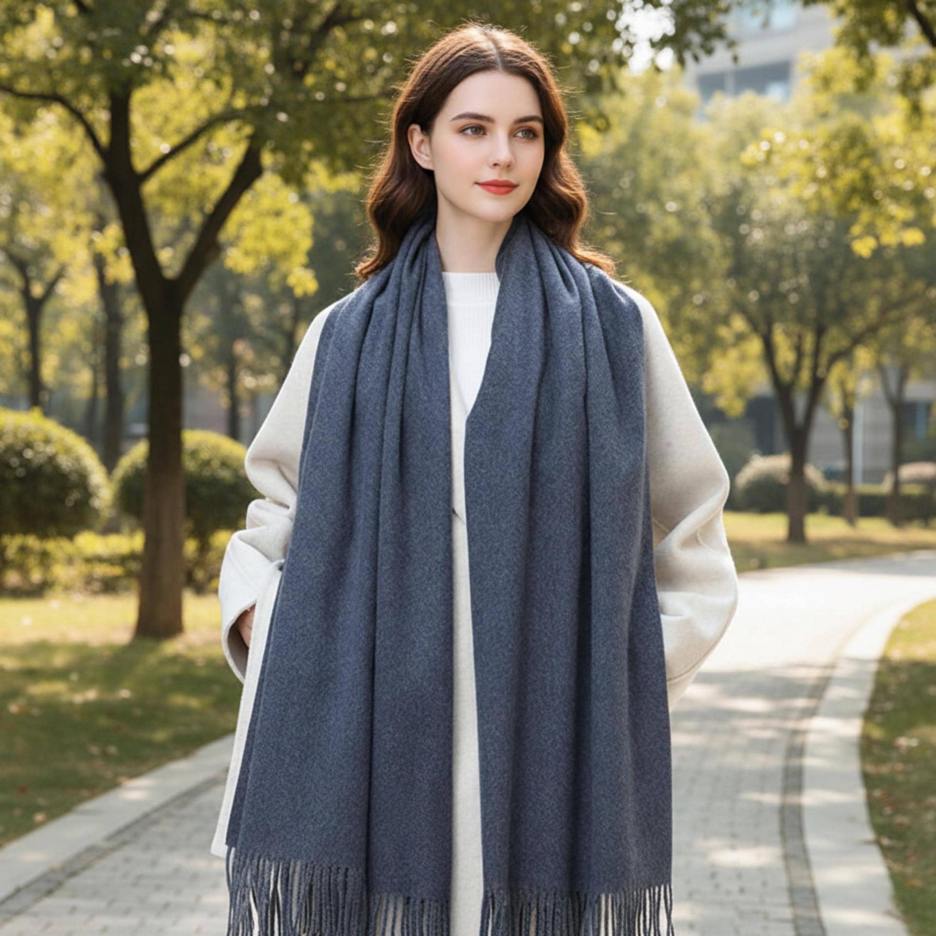 Heather Navy Blanket Shawl - Thick Wide Scarf - Pashmina Super Soft Wrap