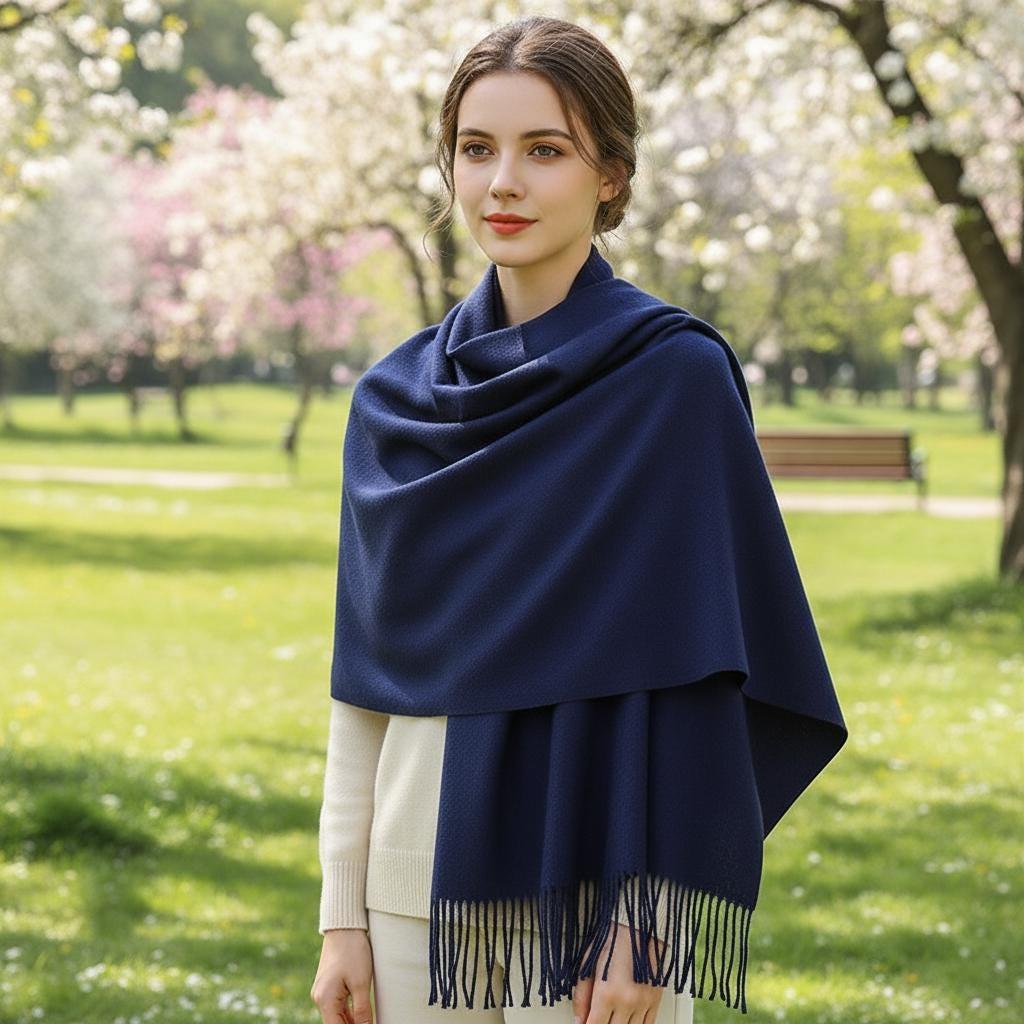 Navy Blue Blanket Shawl - Thick Wide Scarf - Pashmina Super Soft Wrap