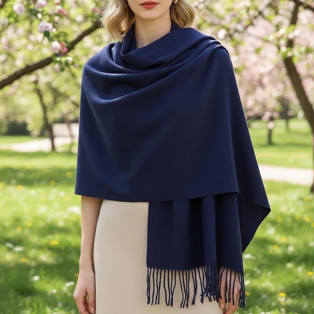 Navy Blue Blanket Shawl - Thick Wide Scarf - Pashmina Super Soft Wrap