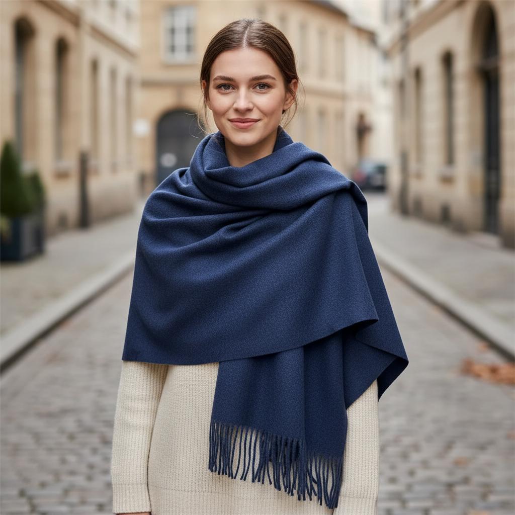 Navy Blanket Shawl - Thick Cashmere Wool Blend - Super Soft Wrap