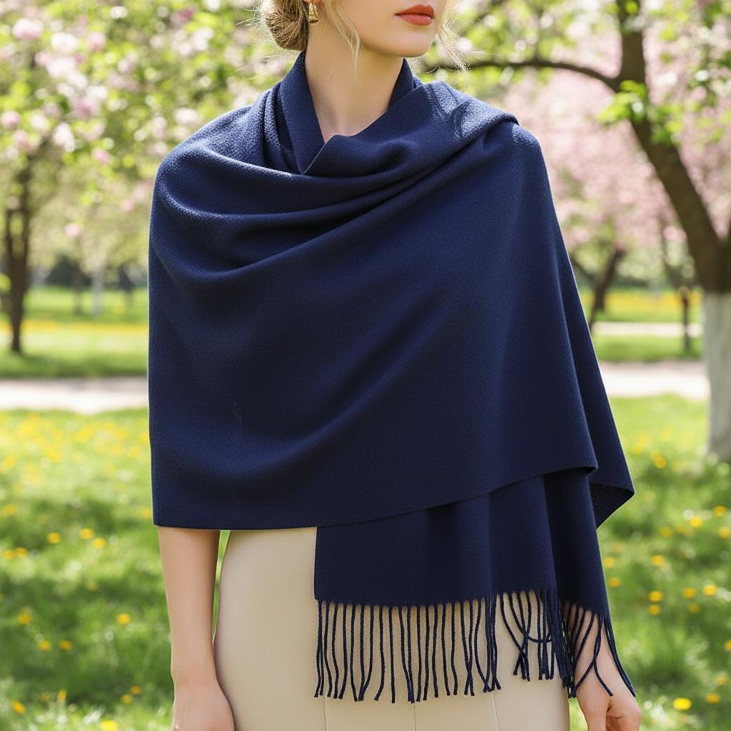 Navy Blanket Shawl - Thick Cashmere Wool Blend - Super Soft Wrap