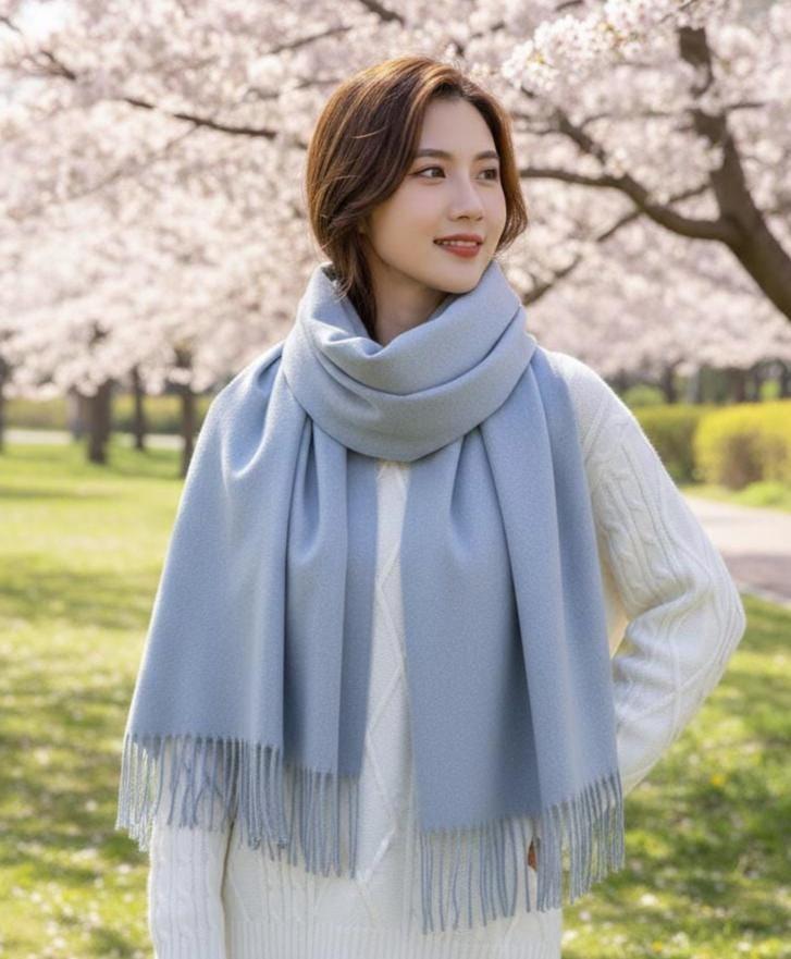Light Blue Blanket Shawl - Thick Cashmere Wool Blend - Super Soft Wrap