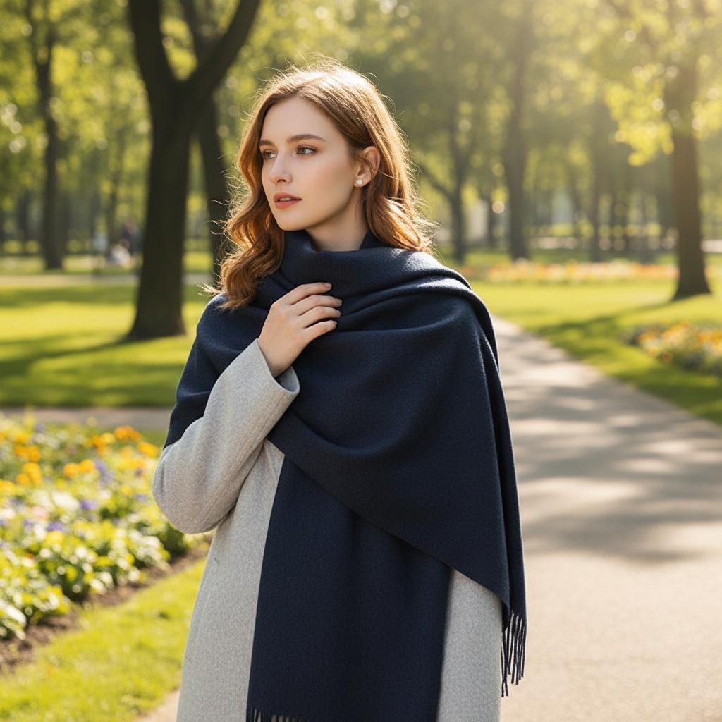Navy Blue Blanket Shawl - Thick Cashmere Wool Blend - Super Soft Wrap