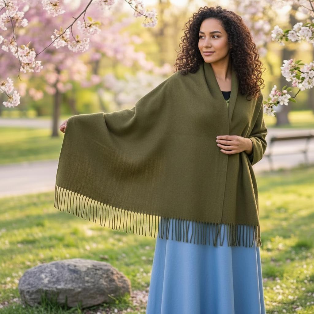 Forest Green Blanket Shawl - Thick Cashmere Wool Blend - Super Soft Wrap