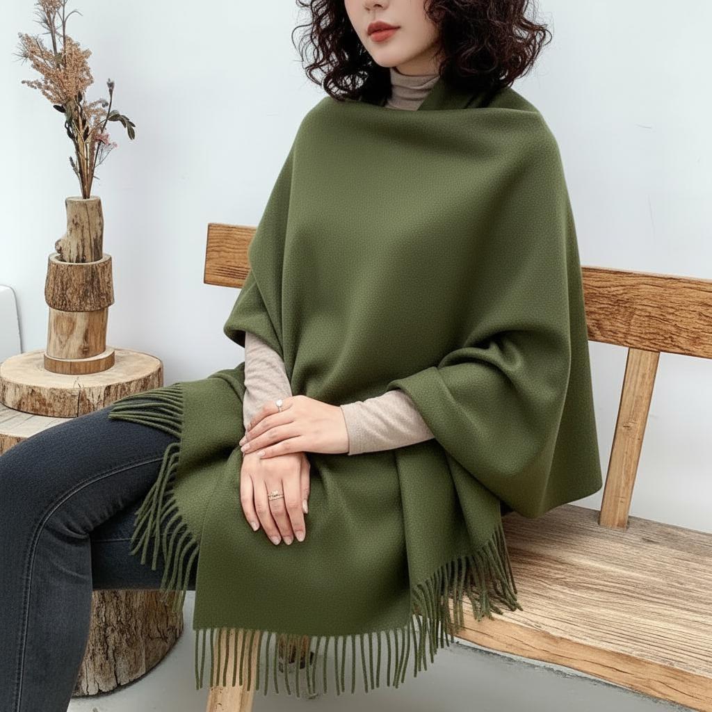 Forest Green Blanket Shawl - Thick Cashmere Wool Blend - Super Soft Wrap