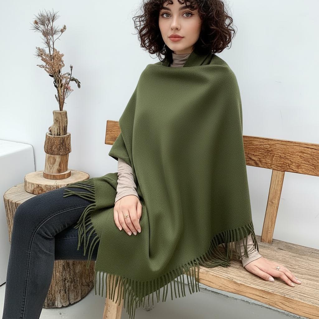 Forest Green Blanket Shawl - Thick Cashmere Wool Blend - Super Soft Wrap