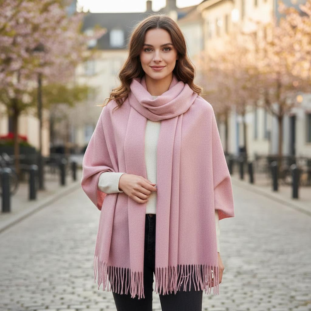 Pink Blanket Shawl - Thick Cashmere Wool Blend - Super Soft Wrap