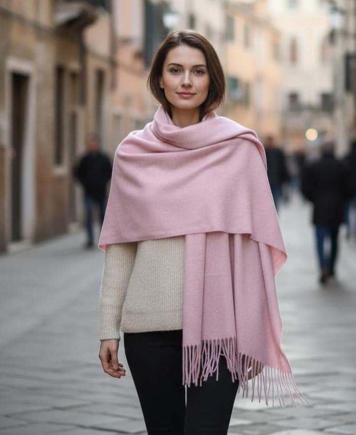 Pink Blanket Shawl - Thick Cashmere Wool Blend - Super Soft Wrap