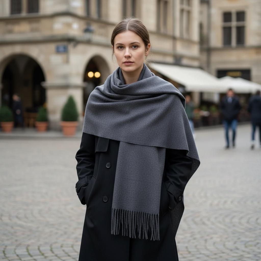 Dark Grey Blanket Shawl - Thick Cashmere Wool Blend - Super Soft Wrap