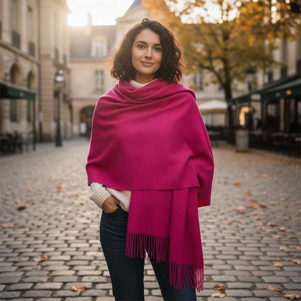 Dark Rose Blanket Shawl - Thick Cashmere Wool Blend - Super Soft Wrap
