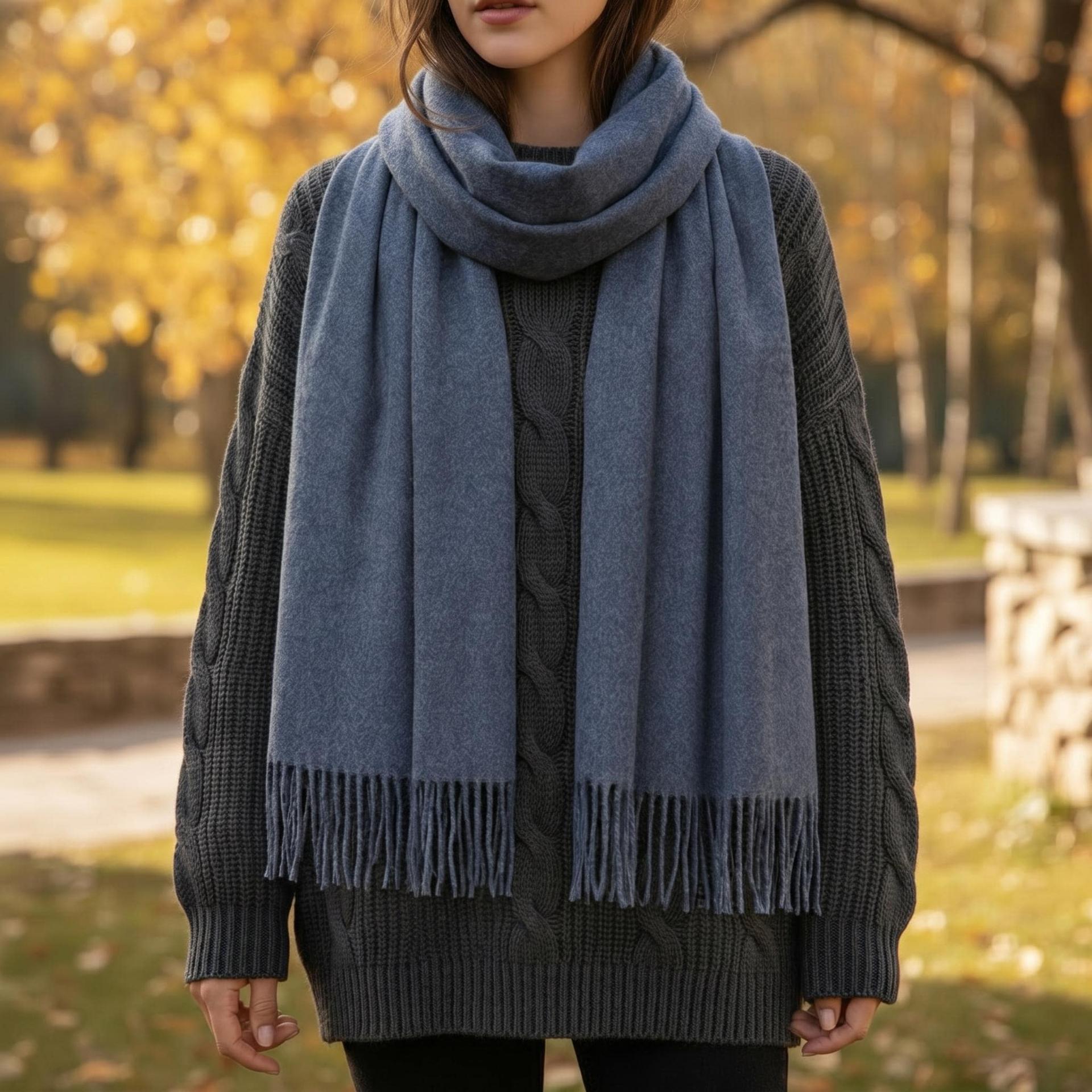 Heather Navy Blanket Shawl - Thick Wide Scarf - Pashmina Super Soft Wrap