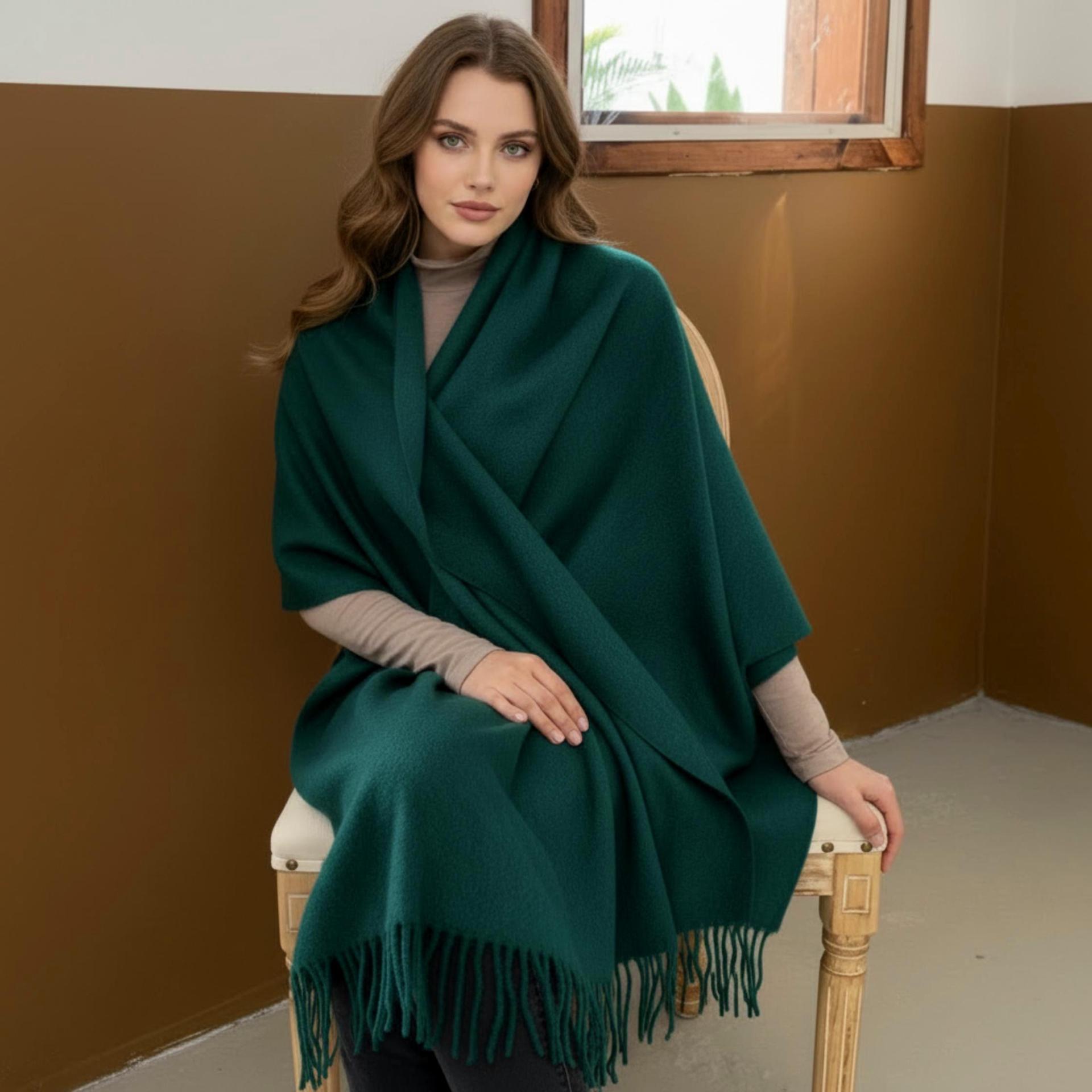 Emerald Green Blanket Shawl - Thick Cashmere Wool Blend - Super Soft Wrap