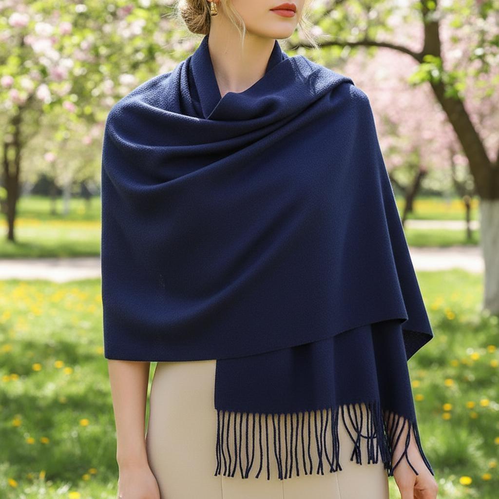 Navy Blue Blanket Shawl - Thick Wide Scarf - Pashmina Super Soft Wrap