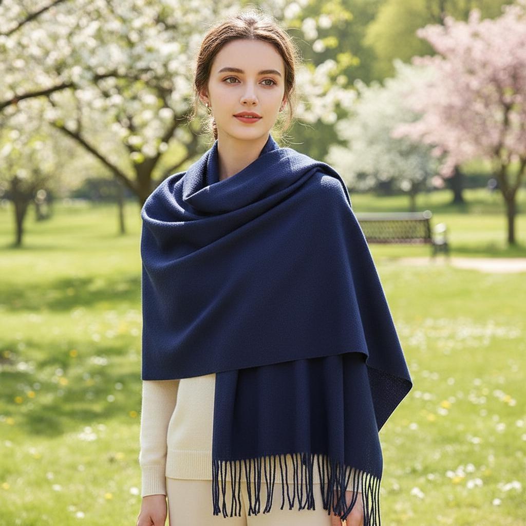Navy Blue Blanket Shawl - Thick Wide Scarf - Pashmina Super Soft Wrap