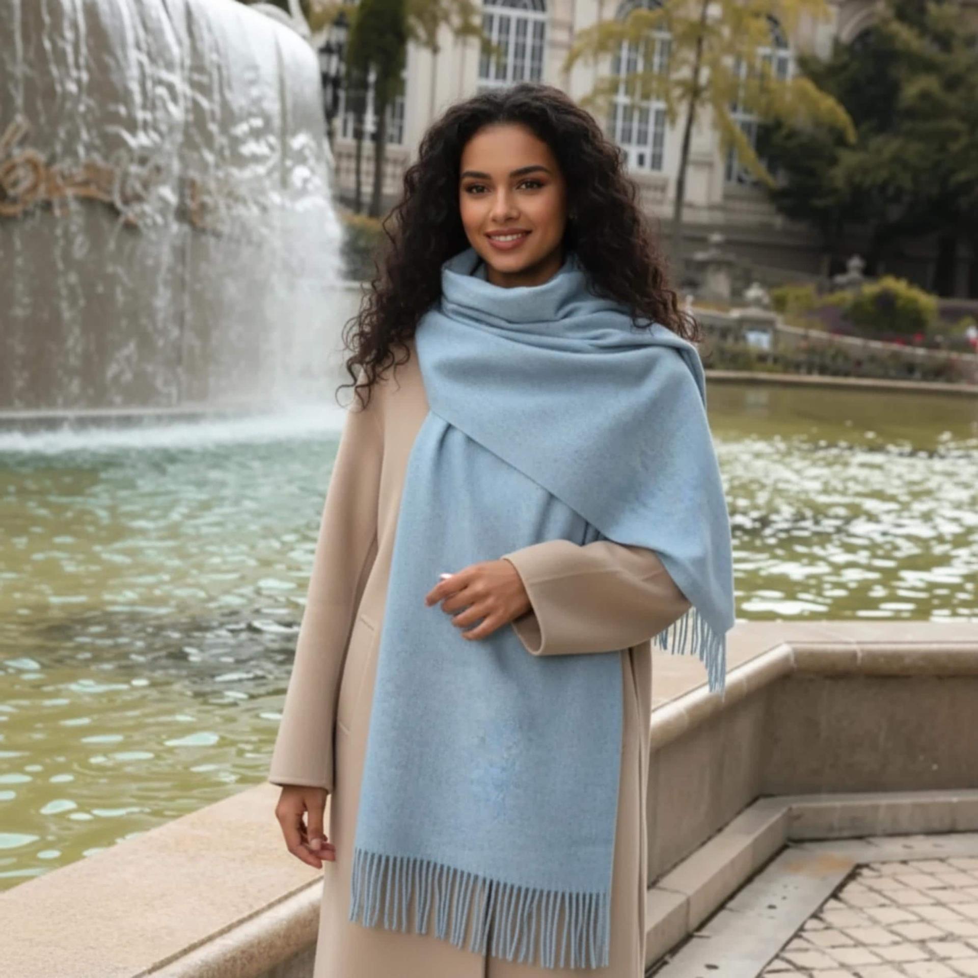 Light Blue Blanket Shawl - Thick Cashmere Wool Blend - Super Soft Wrap