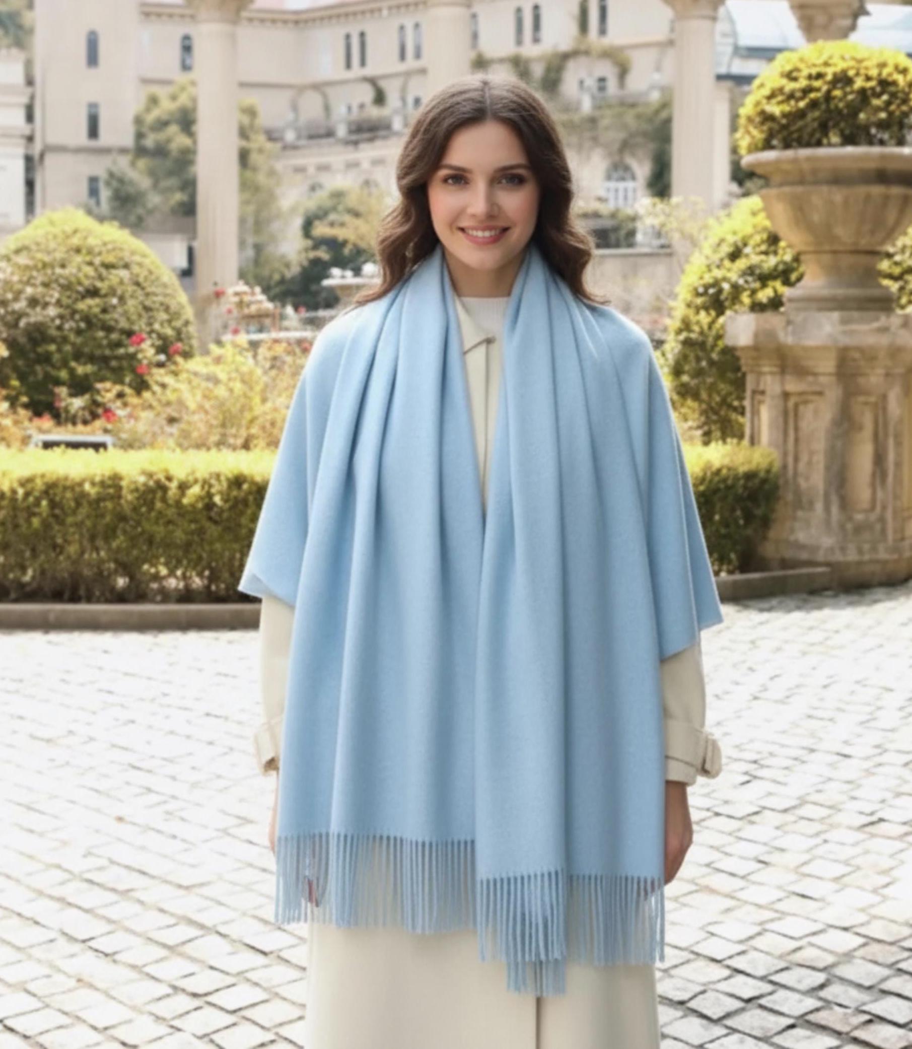 Light Blue Blanket Shawl - Thick Cashmere Wool Blend - Super Soft Wrap