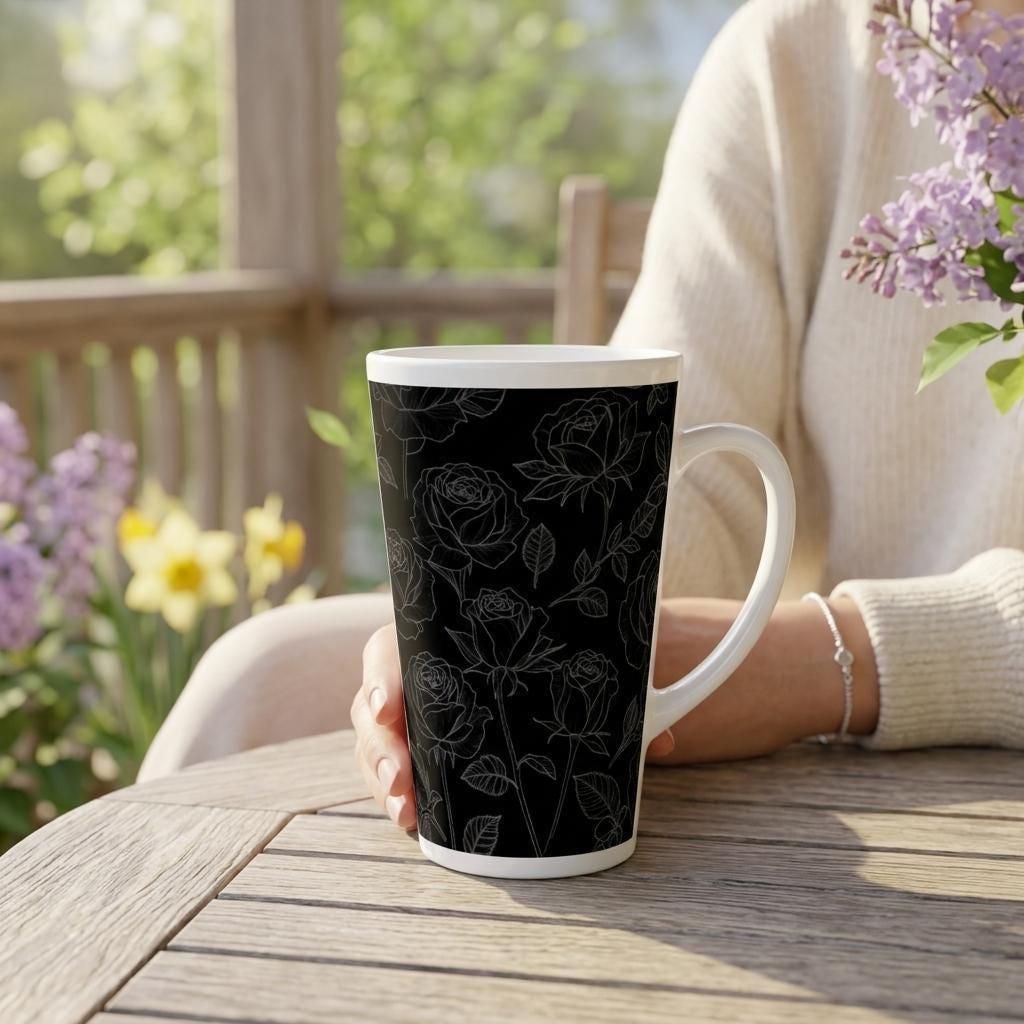 Black Roses, Latte 17oz Ceramic Mug - Coffee or Tea Cup, Extra Tall