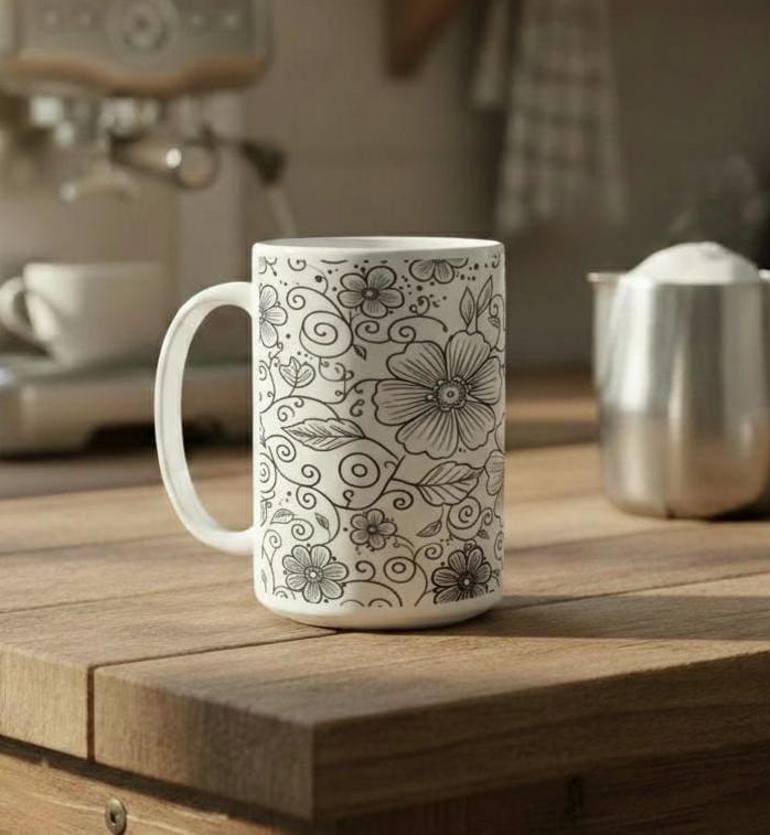 Set of Big Mugs, Floral Cup Set, Large 15 oz Matching Cups