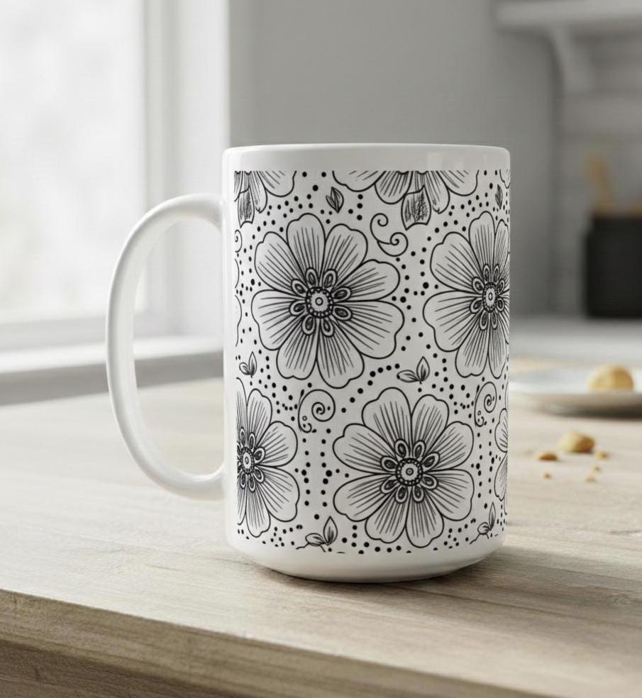 Set of Big Mugs, Floral Cup Set, Large 15 oz Matching Cups