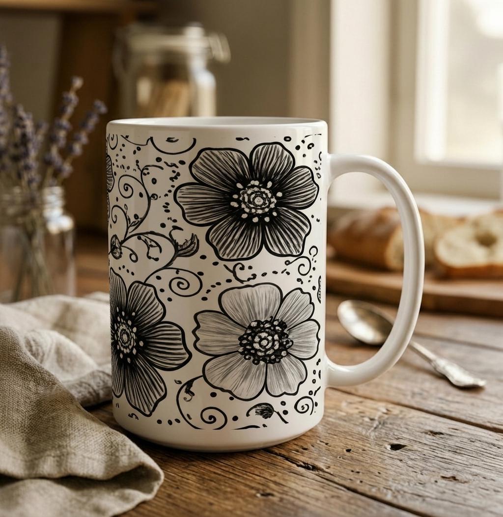 Set of Big Mugs, Floral Cup Set, Large 15 oz Matching Cups