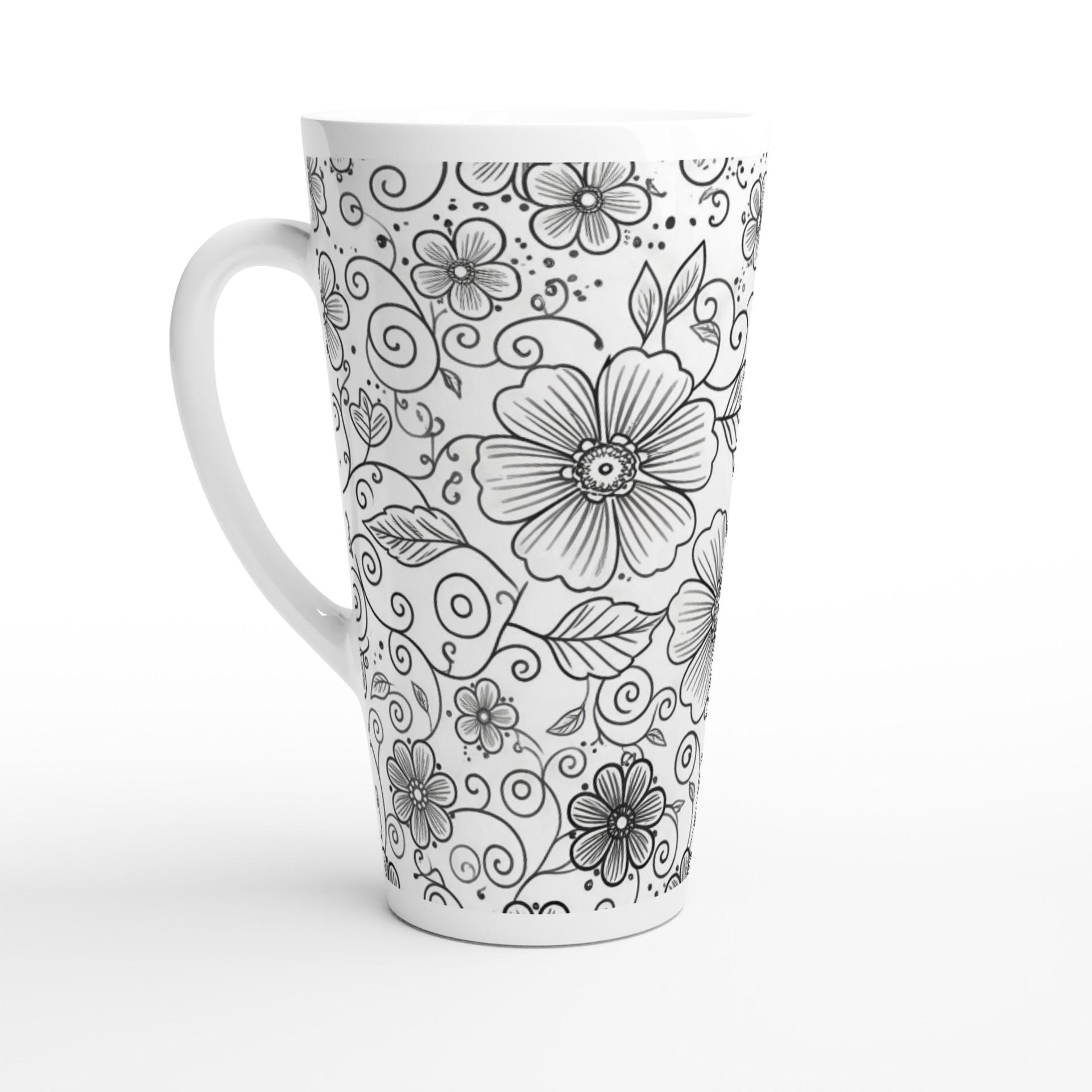 Set of 3 Cups, Floral, 17oz Latte Ceramic Mugs Set - Extra Tall Cup Set