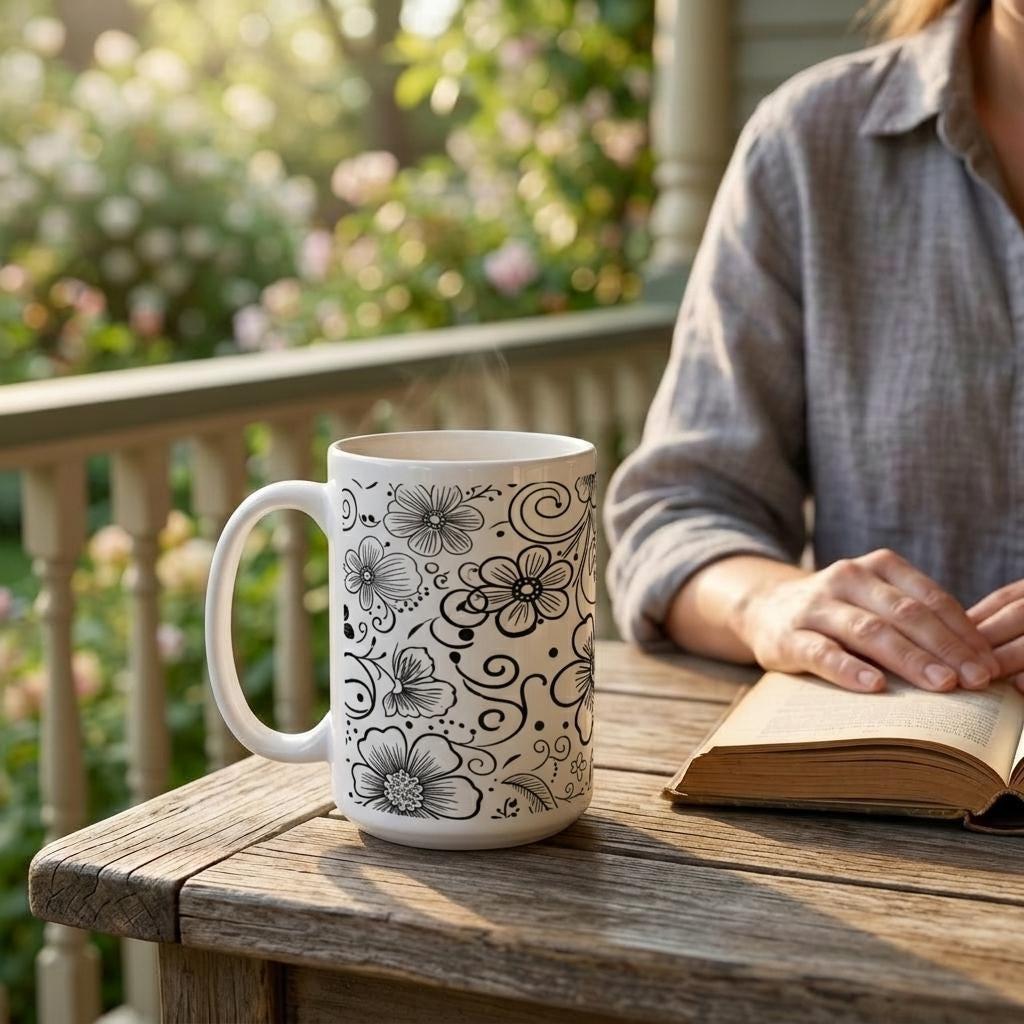 Set of Big Mugs, Floral Cup Set, Large 15 oz Matching Cups