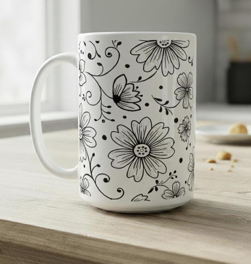 Set of Big Mugs, Floral Cup Set, Large 15 oz Matching Cups