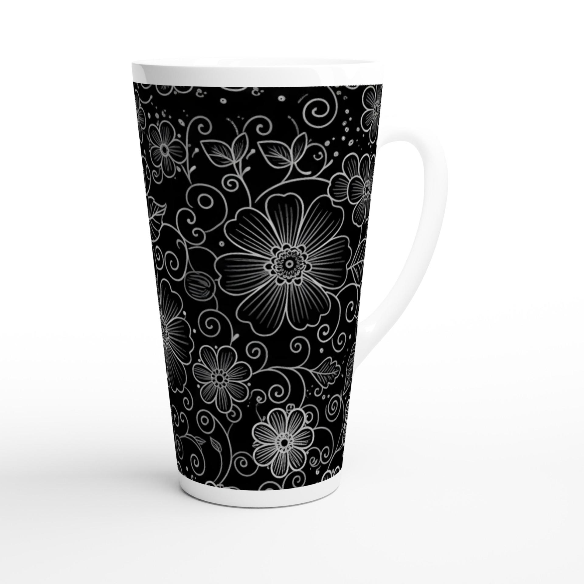Set of 3 Cups, Floral, 17oz Latte Ceramic Mugs Set - Extra Tall Cup Set