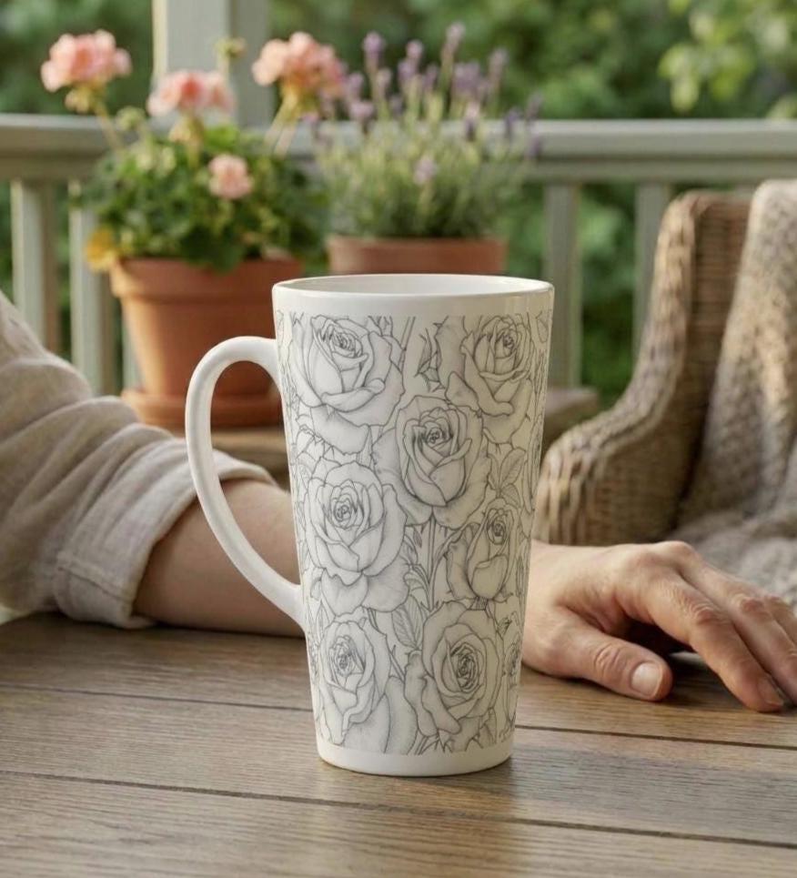 Set of 3 Cups, Floral, 17oz Latte Ceramic Mugs Set - Extra Tall Cup Set