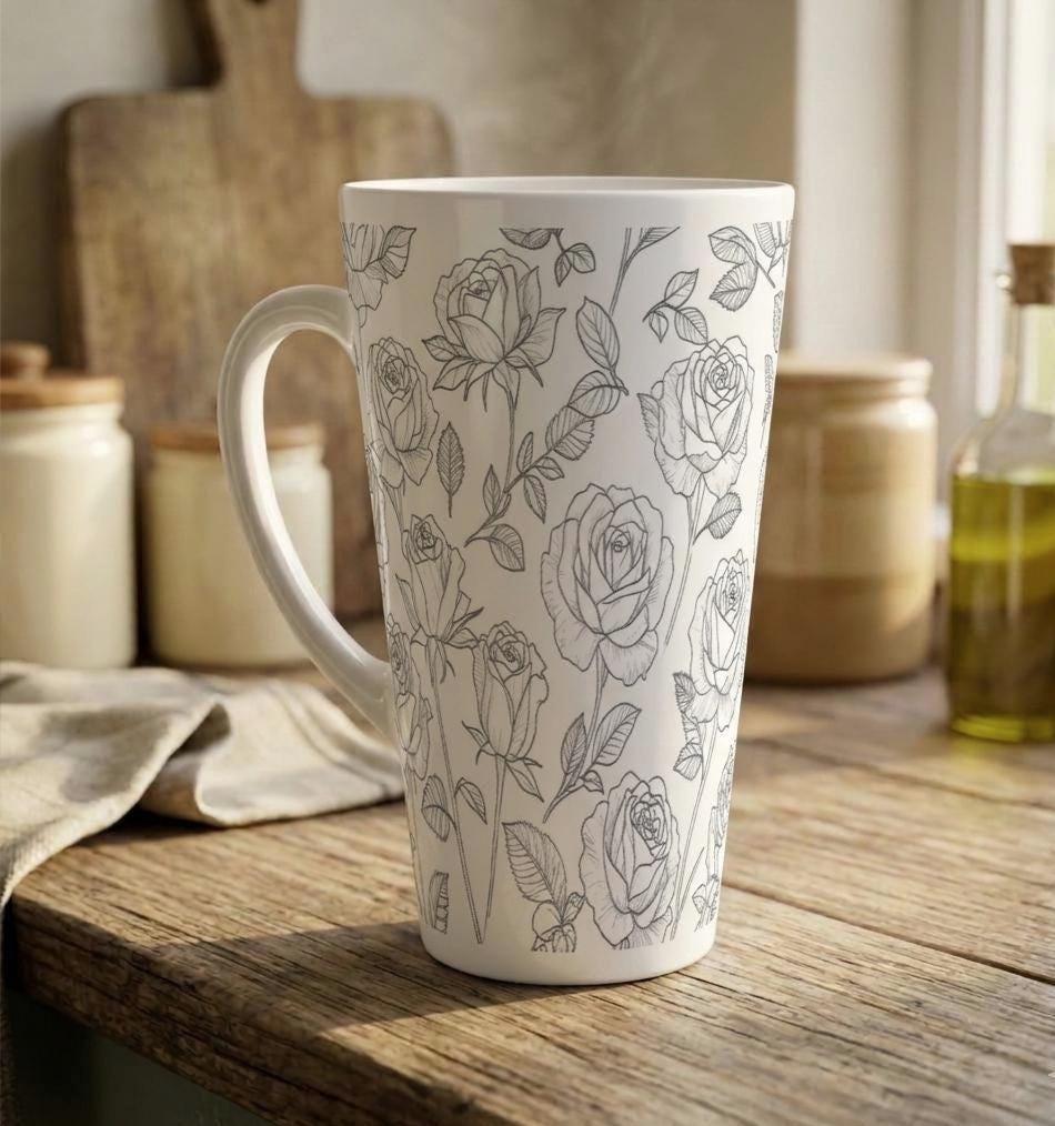 Set of 3 Cups, Floral, 17oz Latte Ceramic Mugs Set - Extra Tall Cup Set
