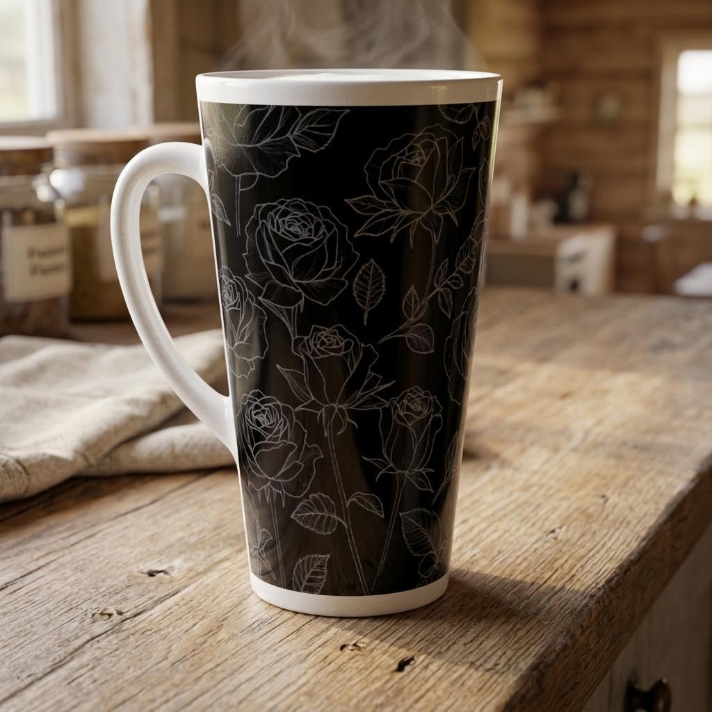 Set of 3 Cups, Floral, 17oz Latte Ceramic Mugs Set - Extra Tall Cup Set