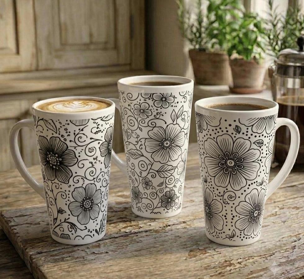 Set of 3 Cups, Floral, 17oz Latte Ceramic Mugs Set - Extra Tall Cup Set