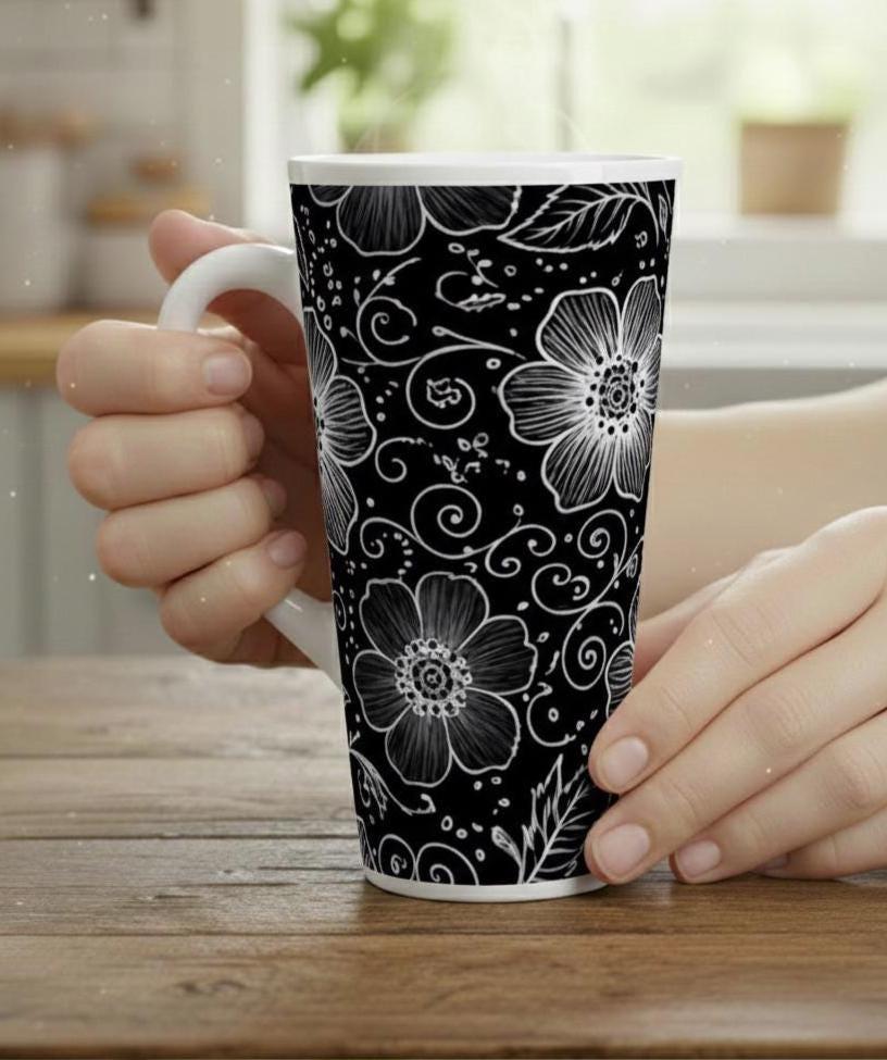 Set of 3 Cups, Floral, 17oz Latte Ceramic Mugs Set - Extra Tall Cup Set