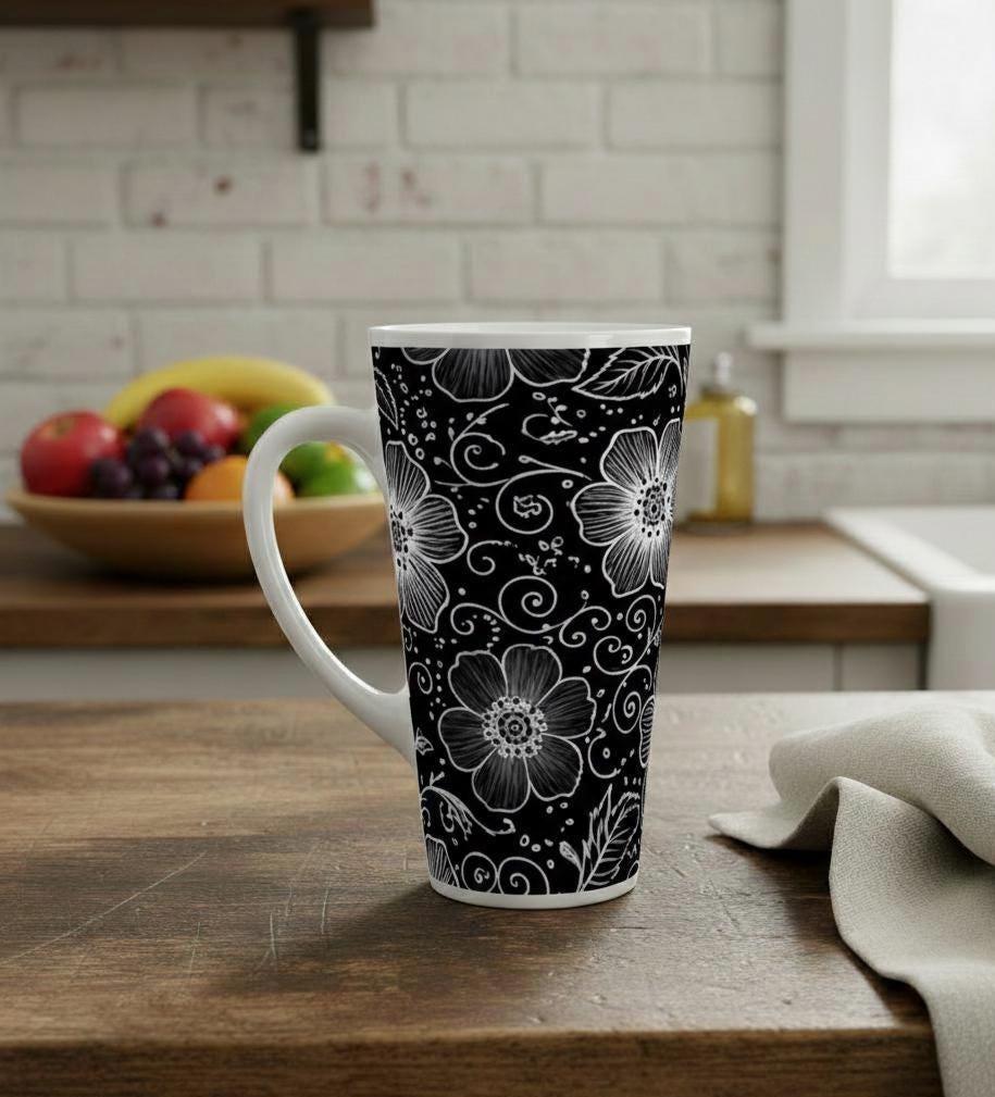 Set of 3 Cups, Floral, 17oz Latte Ceramic Mugs Set - Extra Tall Cup Set