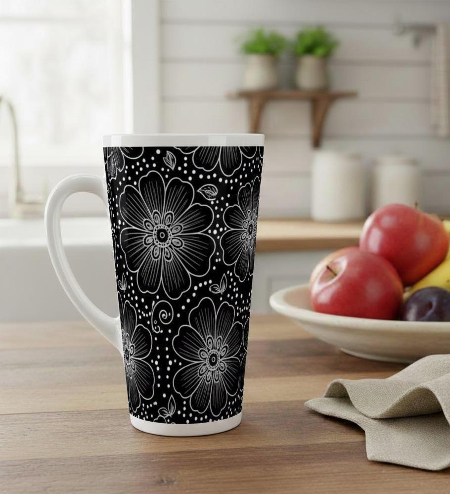 Set of 3 Cups, Floral, 17oz Latte Ceramic Mugs Set - Extra Tall Cup Set