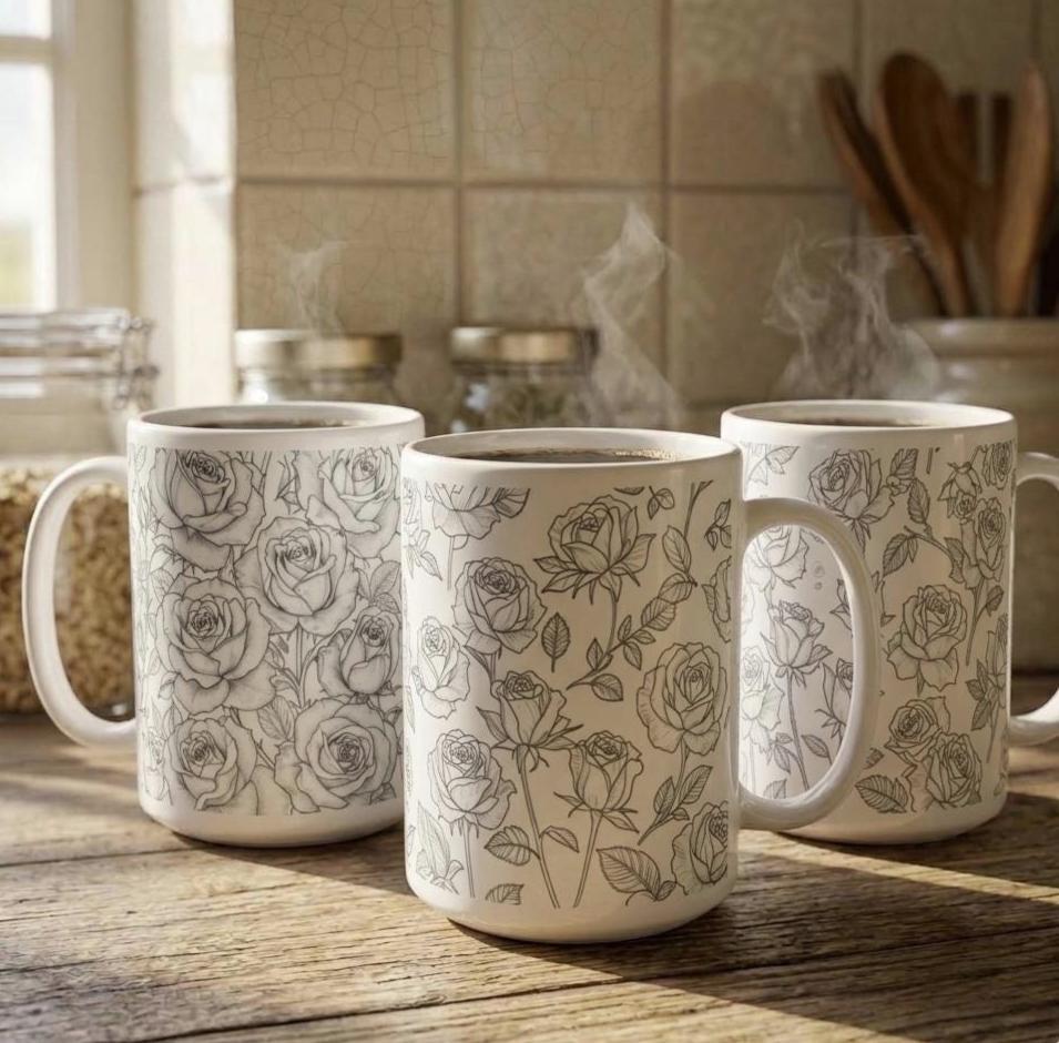 Set of Big Mugs, Floral Cup Set, Large 15 oz Matching Cups