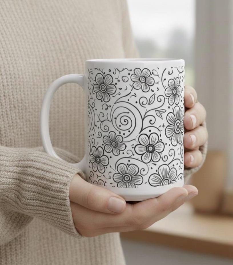 Set of Big Mugs, Floral Cup Set, Large 15 oz Matching Cups
